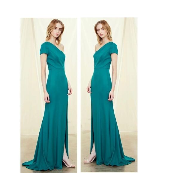 Amsale Nadia One Shoulder Cap Sleeve Crepe Gown Dress BNWT - Picture 3 of 7
